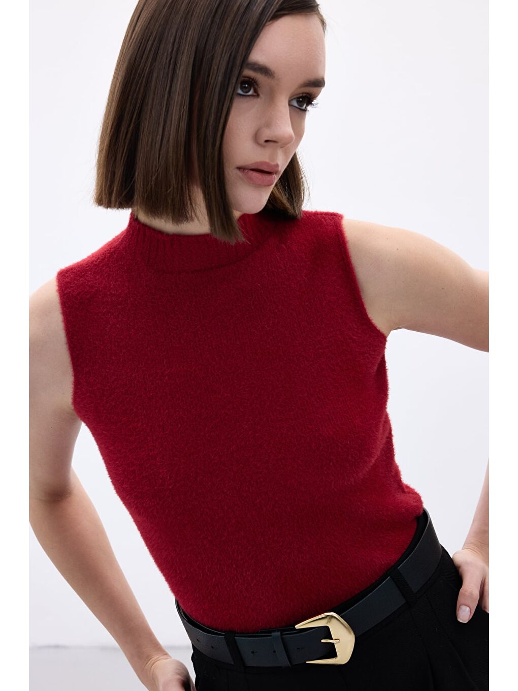 Sıfır Kol Sakallı Triko Bluz - Bordo