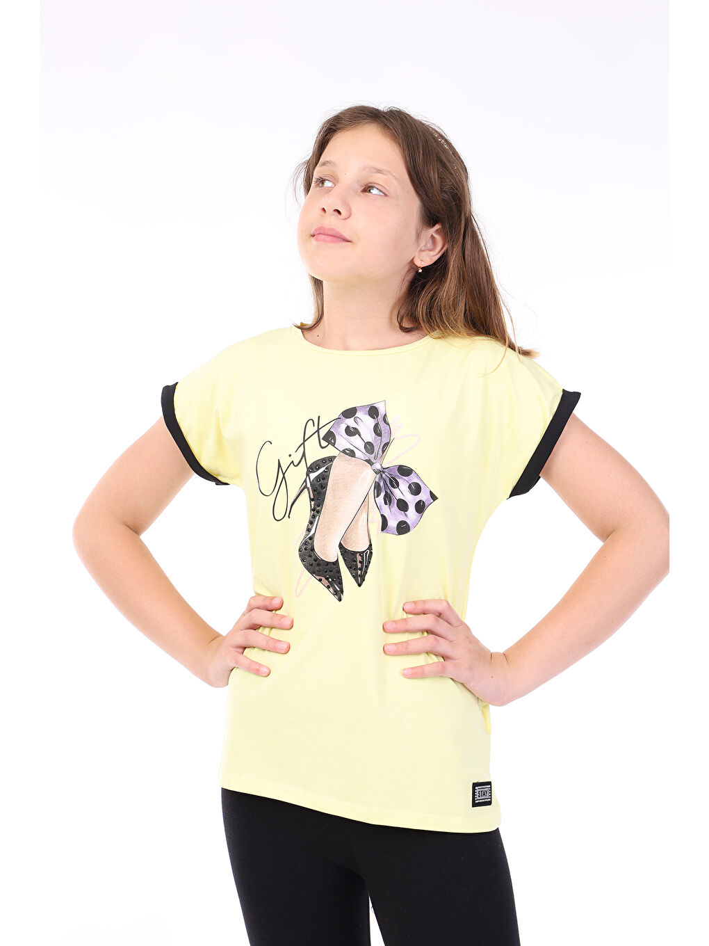 Sarı Kız Çocuk Fiyonk Baskılı  Kolları Garni Detaylı Tişört