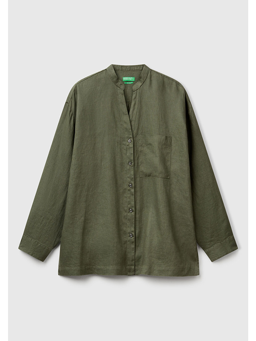 Kadın Haki %100 Keten Sol Önü Cepli Oversize Mandarin Yaka Gömlek-1