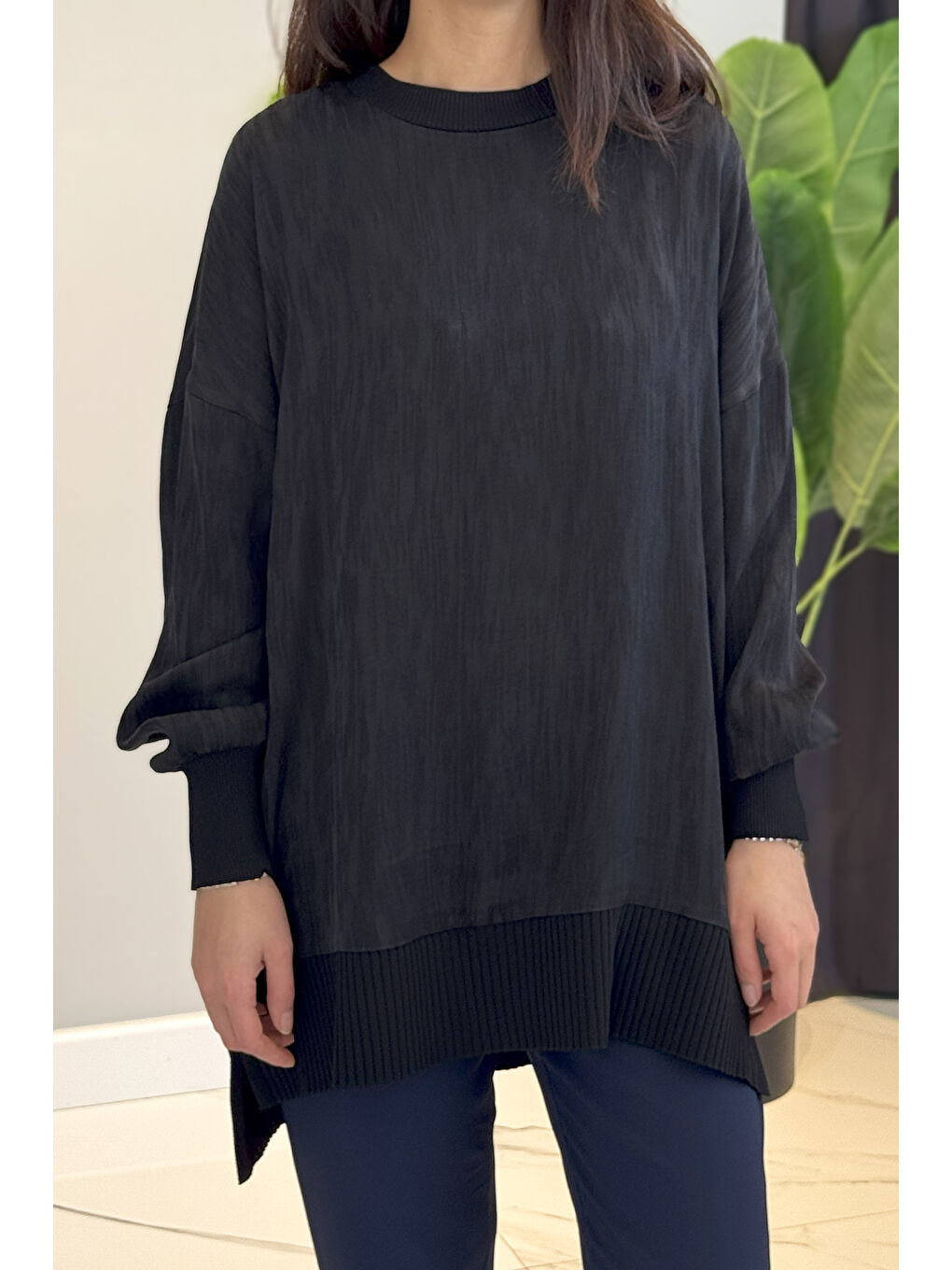 İpek Saten Desenli Tunik 3009 Siyah