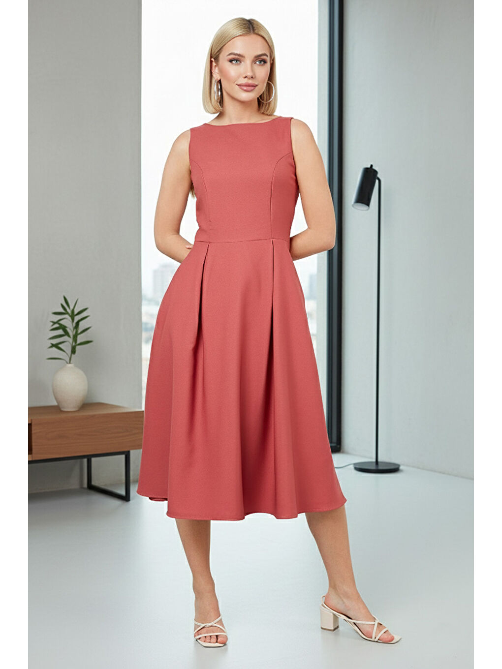 Pembe Regular Fit Bisiklet Yaka Cepli Pileli Midi Boy Kadın Elbise 6111963