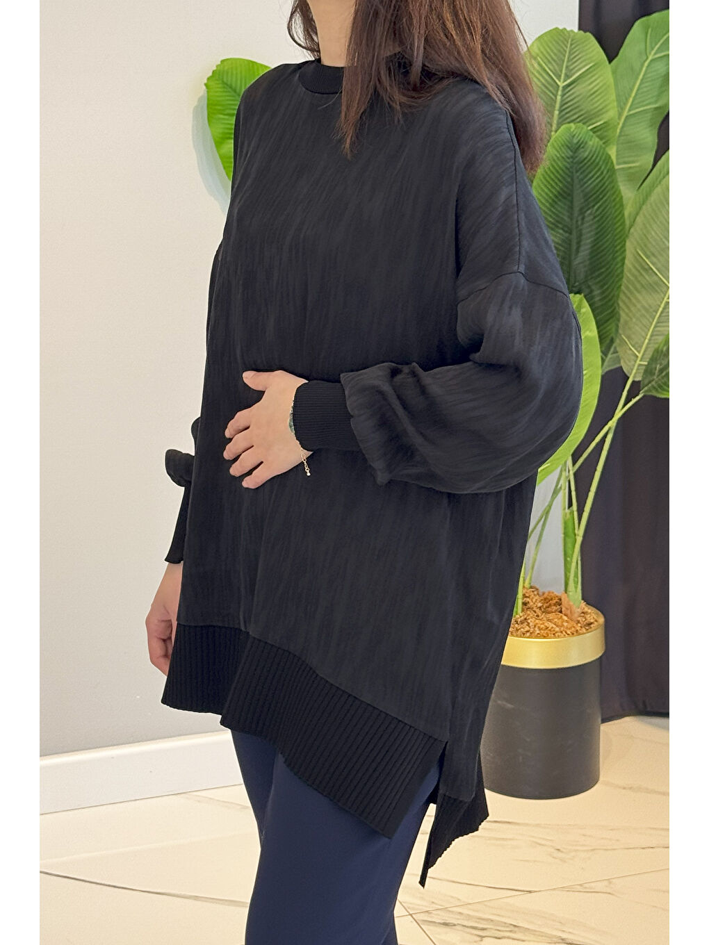 İpek Saten Desenli Tunik 3009 Siyah-1