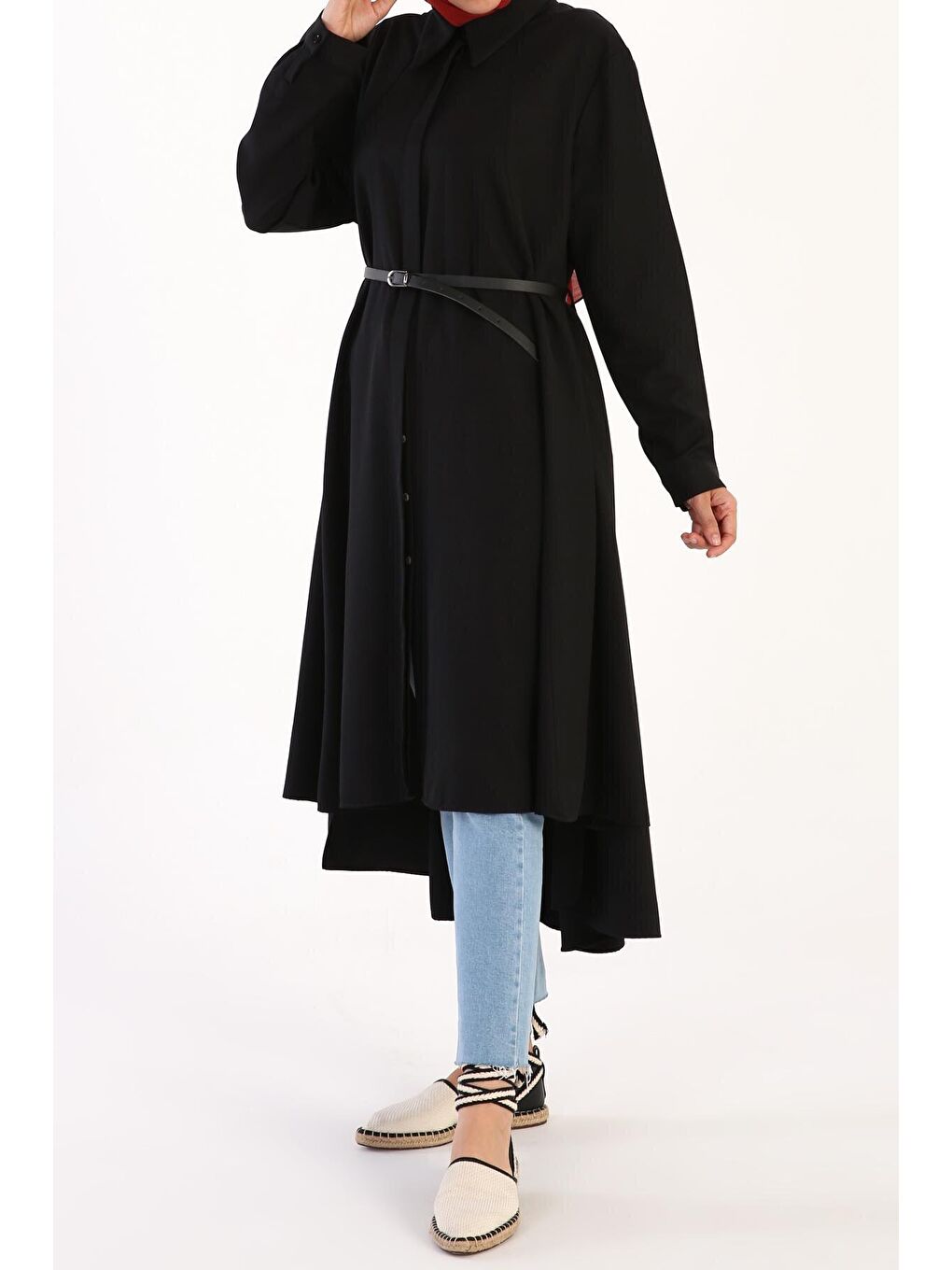 Siyah Kemerli Düğmeli Salaş Gömlek Tunik