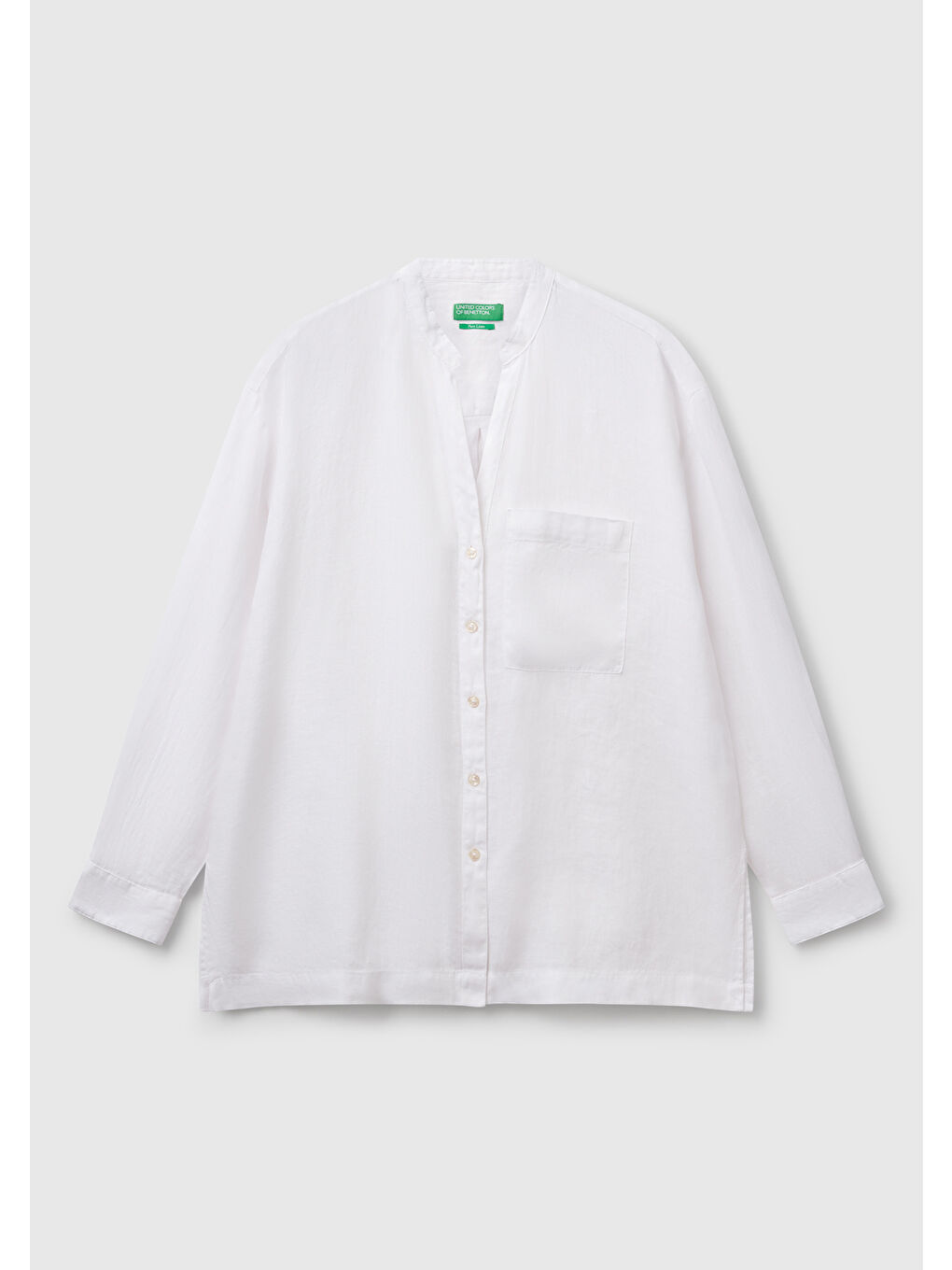 Kadın Beyaz %100 Keten Sol Önü Cepli Oversize Mandarin Yaka Gömlek-1