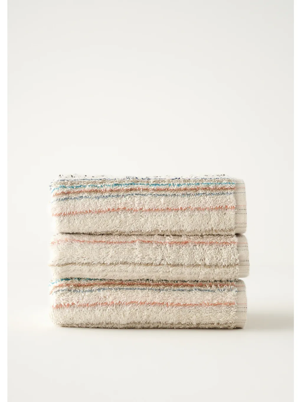 Ekru %100 Pamuk Stripe İpliği Boyalı 3'lü Yüz Havlusu Seti Krem (50x90 cm)-5
