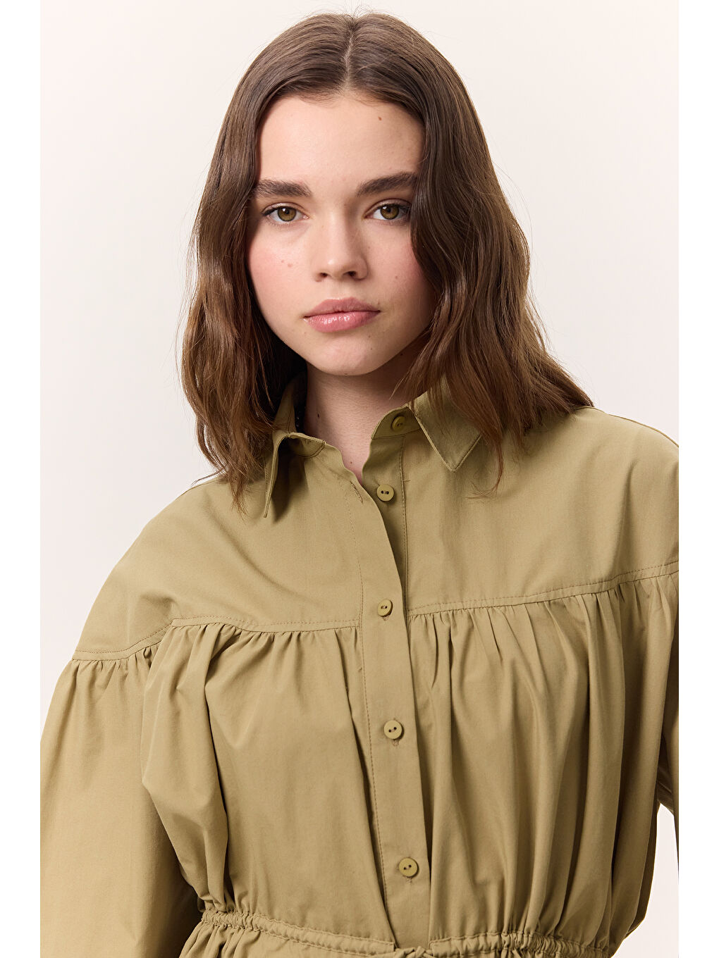 Büzgü Bağlama Detaylı Tunik Yağ Yeşili-1