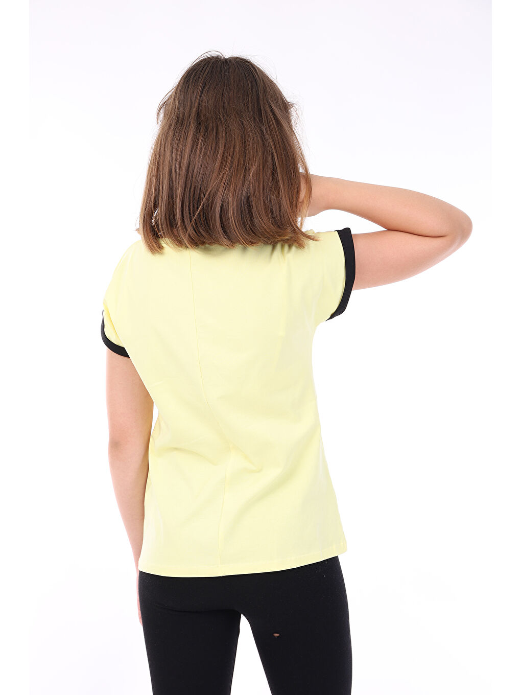 Sarı Kız Çocuk Fiyonk Baskılı  Kolları Garni Detaylı Tişört-1