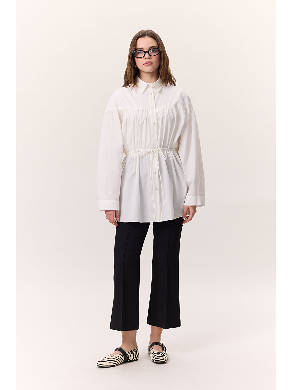 Büzgü Bağlama Detaylı Tunik Ekru-2