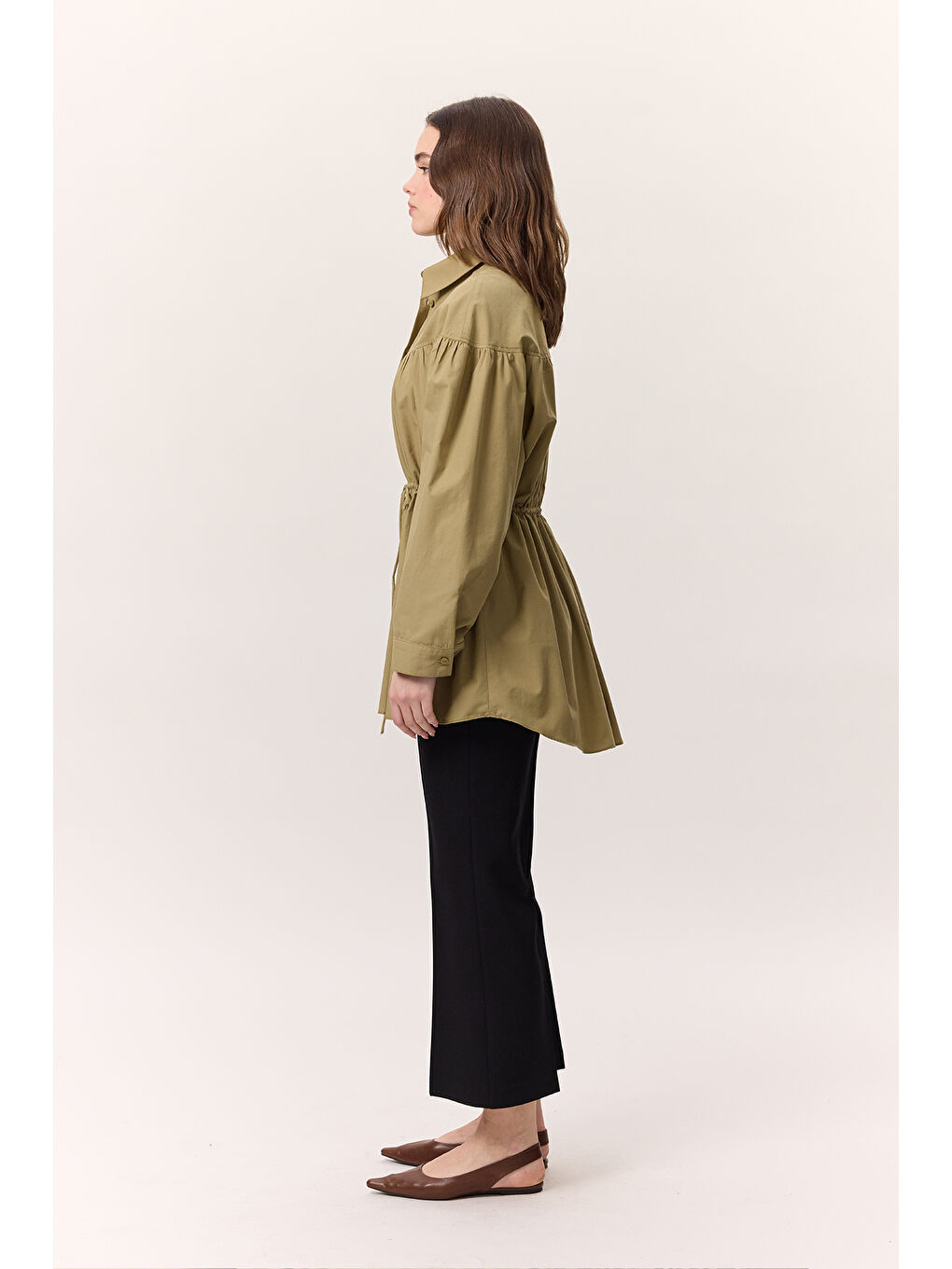 Büzgü Bağlama Detaylı Tunik Yağ Yeşili-2