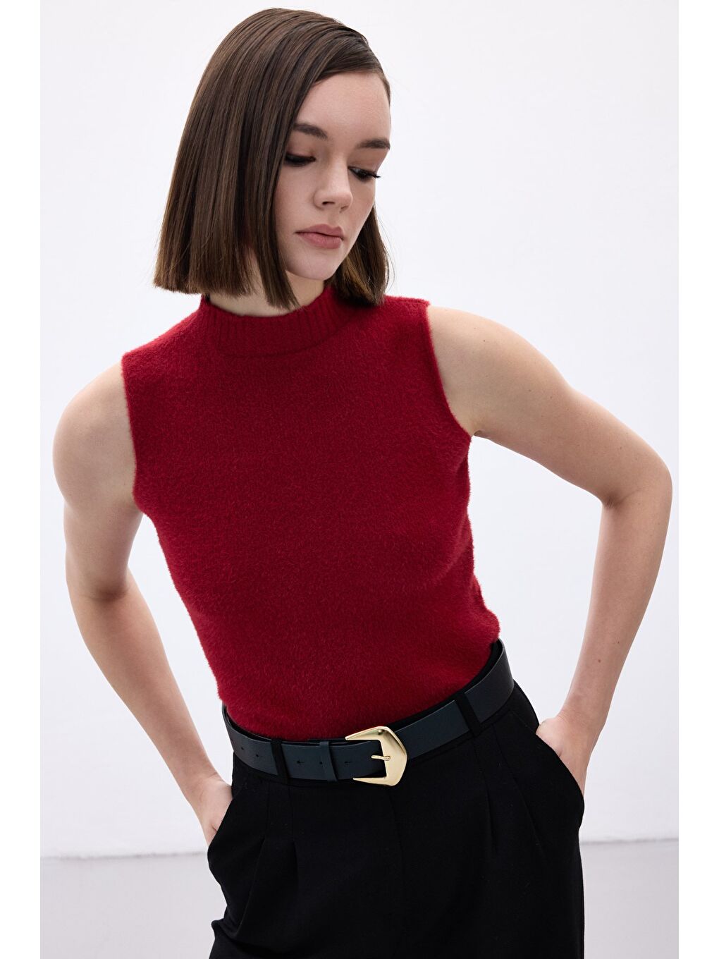 Sıfır Kol Sakallı Triko Bluz - Bordo-1