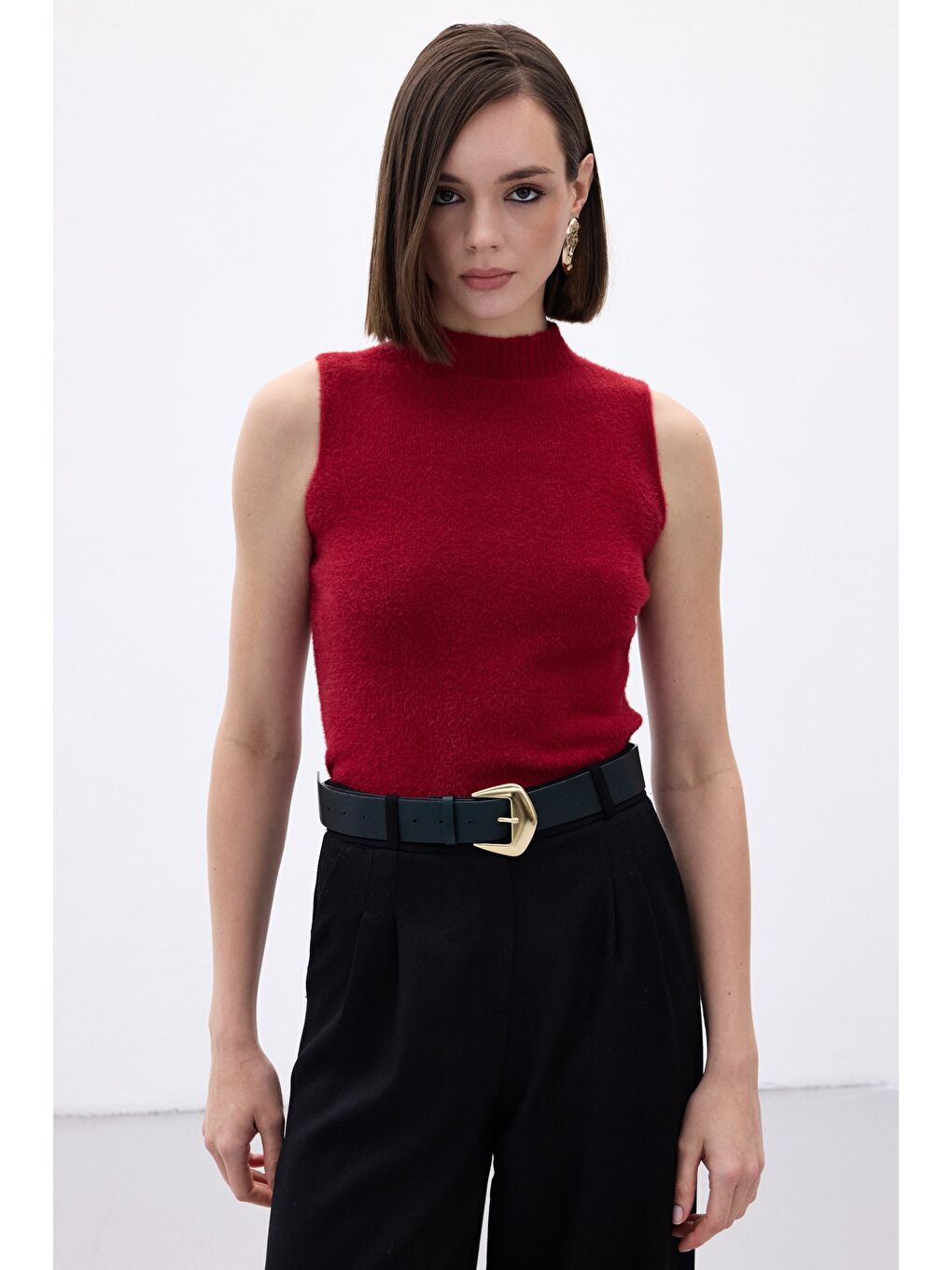 Sıfır Kol Sakallı Triko Bluz - Bordo-2