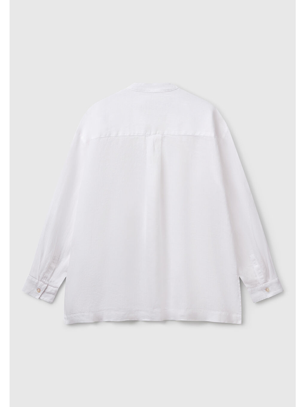 Kadın Beyaz %100 Keten Sol Önü Cepli Oversize Mandarin Yaka Gömlek-3