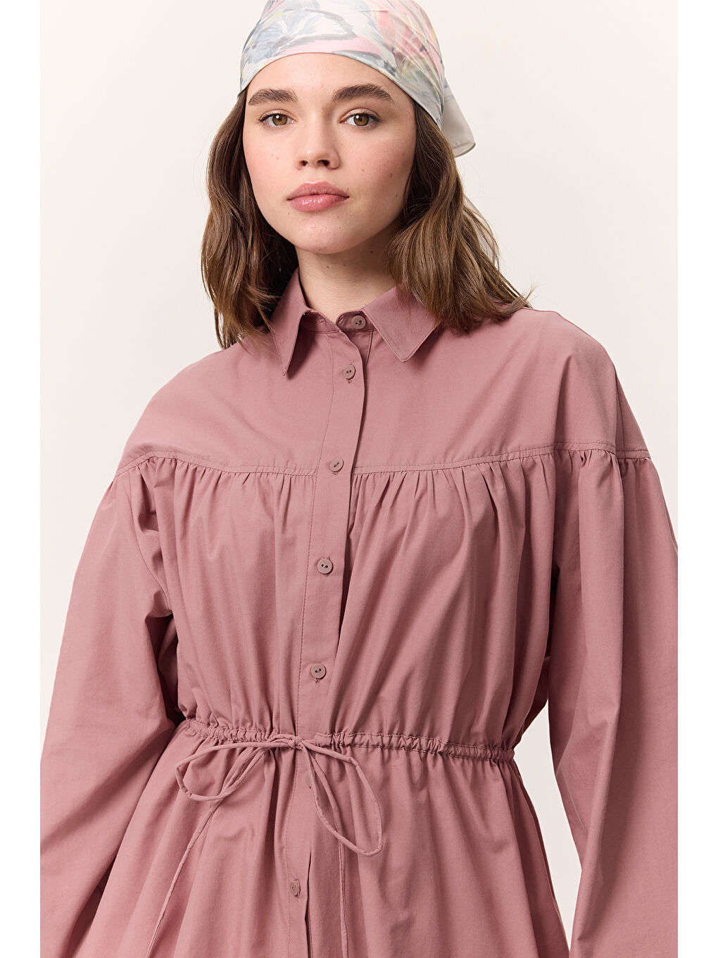 Pembe Büzgü Bağlama Detaylı Tunik Gülkurusu-1