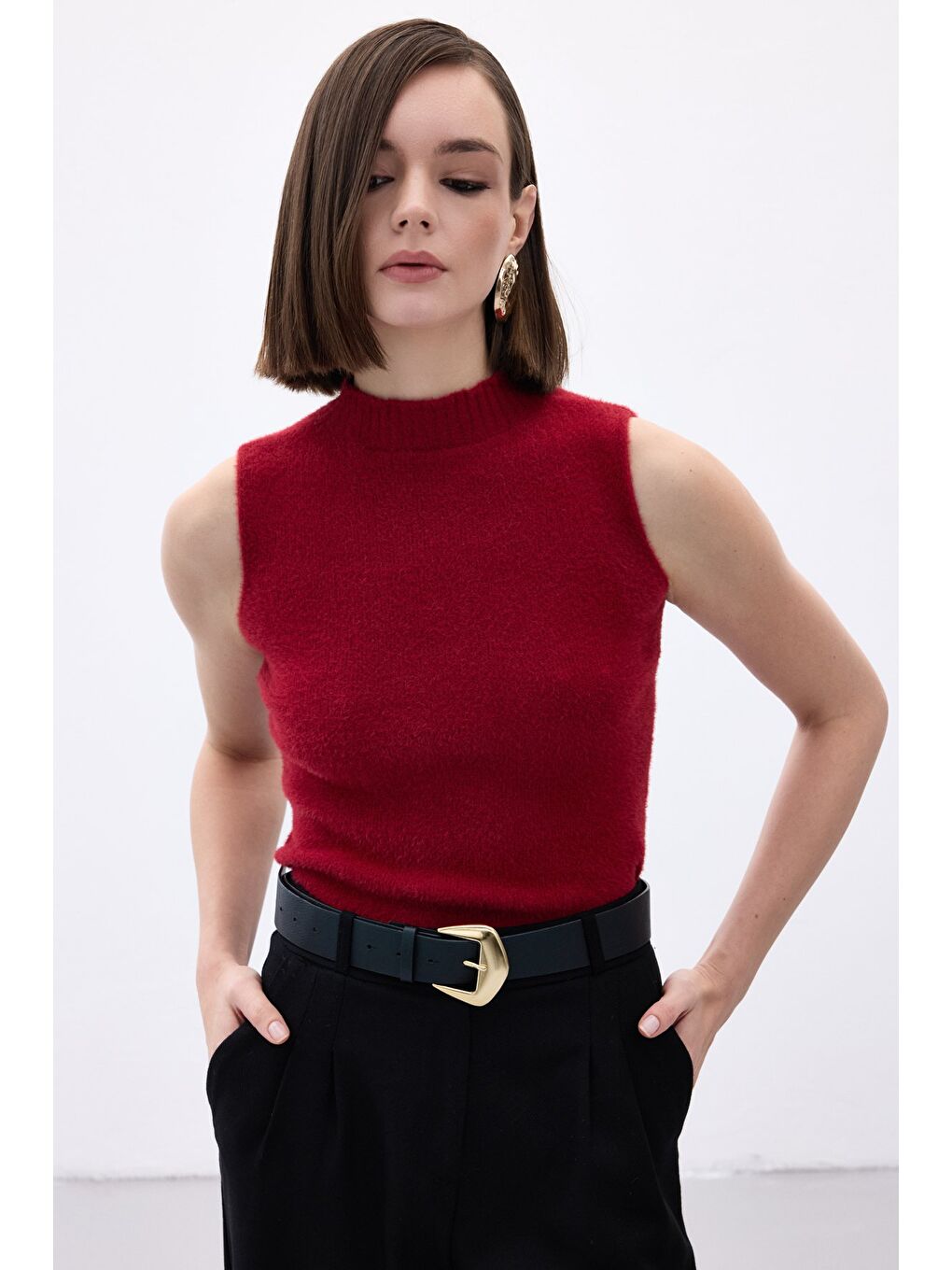 Sıfır Kol Sakallı Triko Bluz - Bordo-3