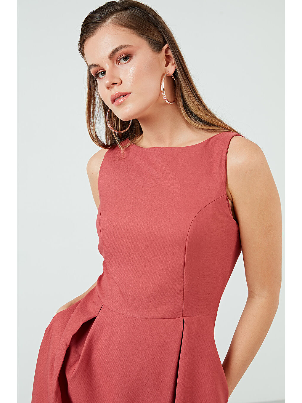 Pembe Regular Fit Bisiklet Yaka Cepli Pileli Midi Boy Kadın Elbise 6111963-5