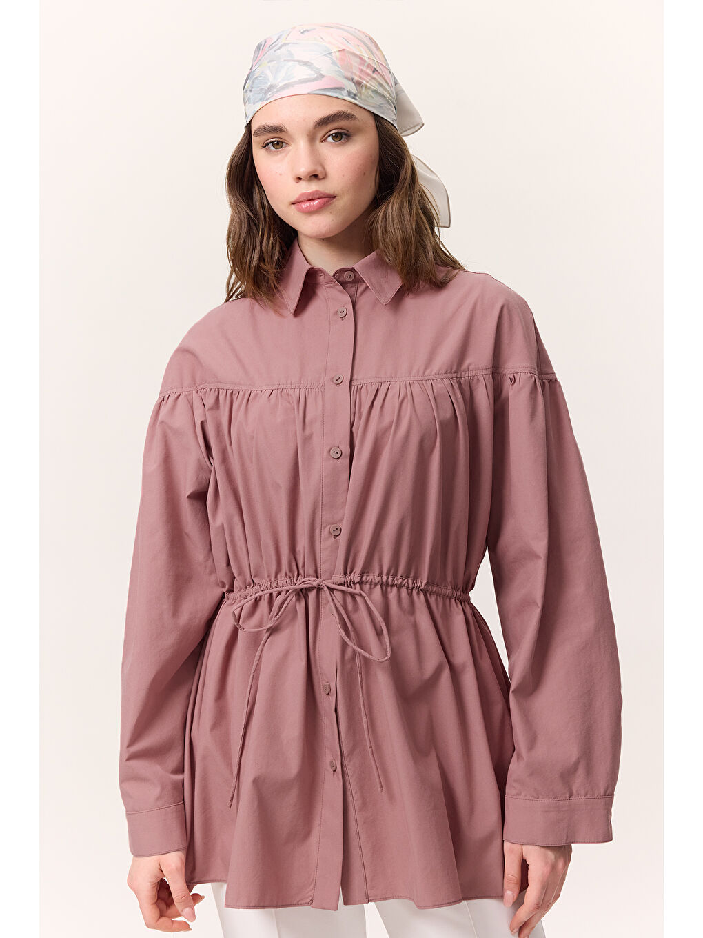 Pembe Büzgü Bağlama Detaylı Tunik Gülkurusu-3