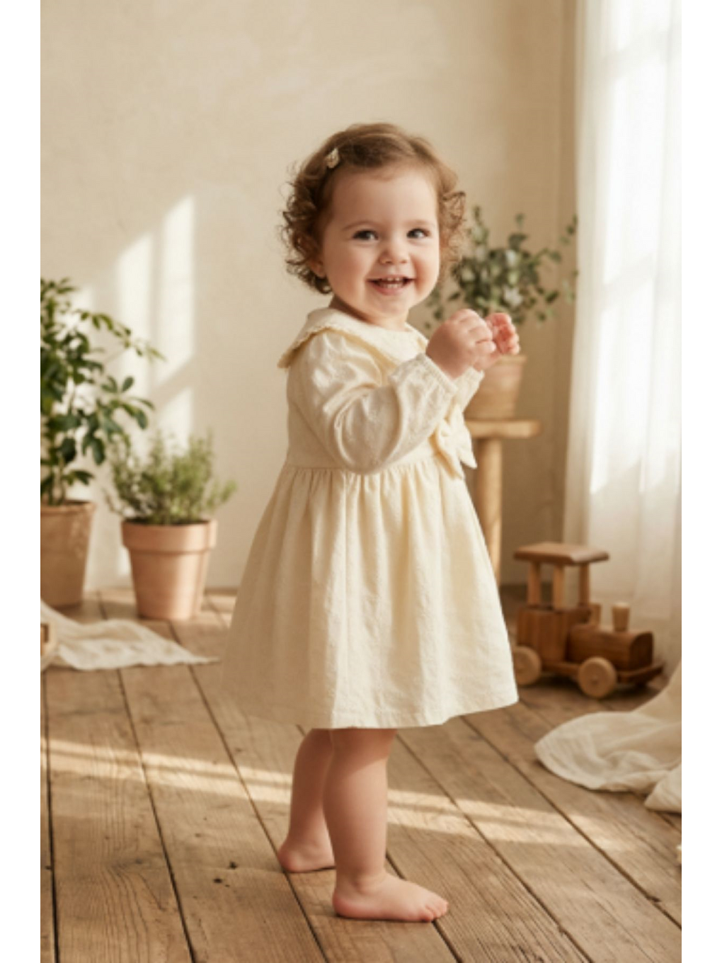 Pembe Pudra Çiçekli Pamuklu Fiyonk Detaylı Elbise-1