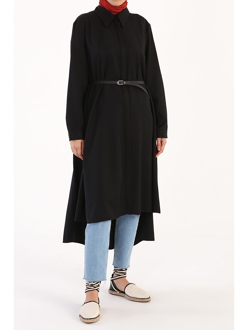 Siyah Kemerli Düğmeli Salaş Gömlek Tunik-1