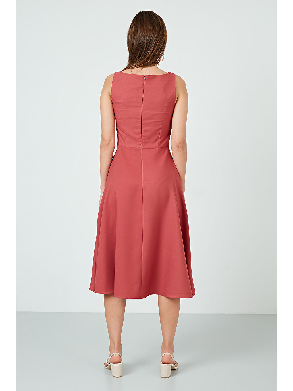 Pembe Regular Fit Bisiklet Yaka Cepli Pileli Midi Boy Kadın Elbise 6111963-6