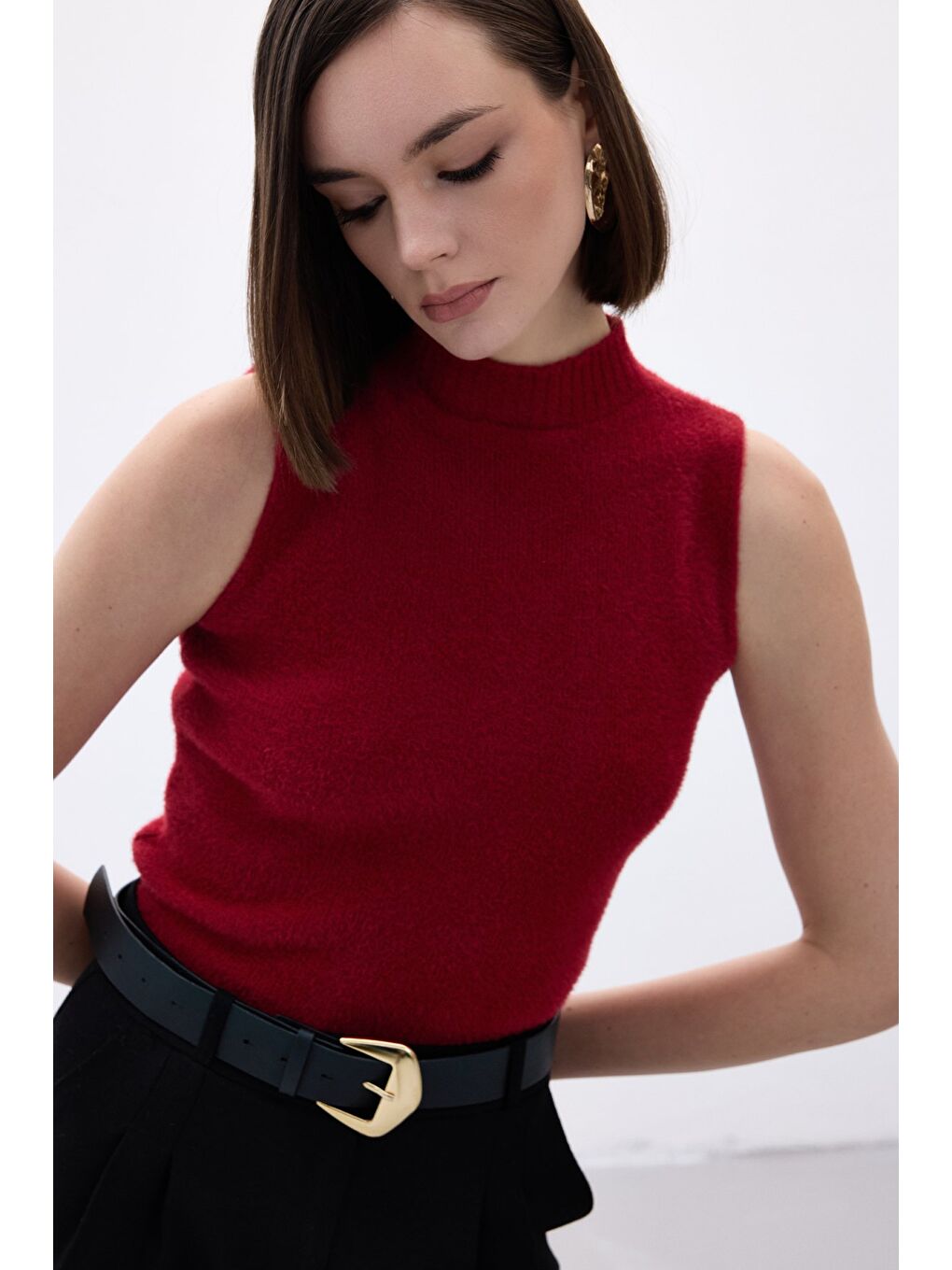 Sıfır Kol Sakallı Triko Bluz - Bordo-4