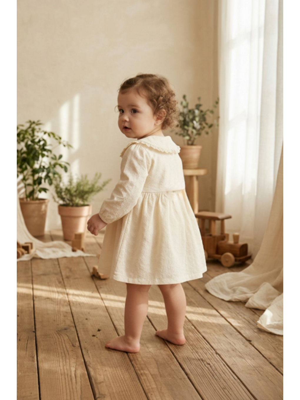 Pembe Pudra Çiçekli Pamuklu Fiyonk Detaylı Elbise-2