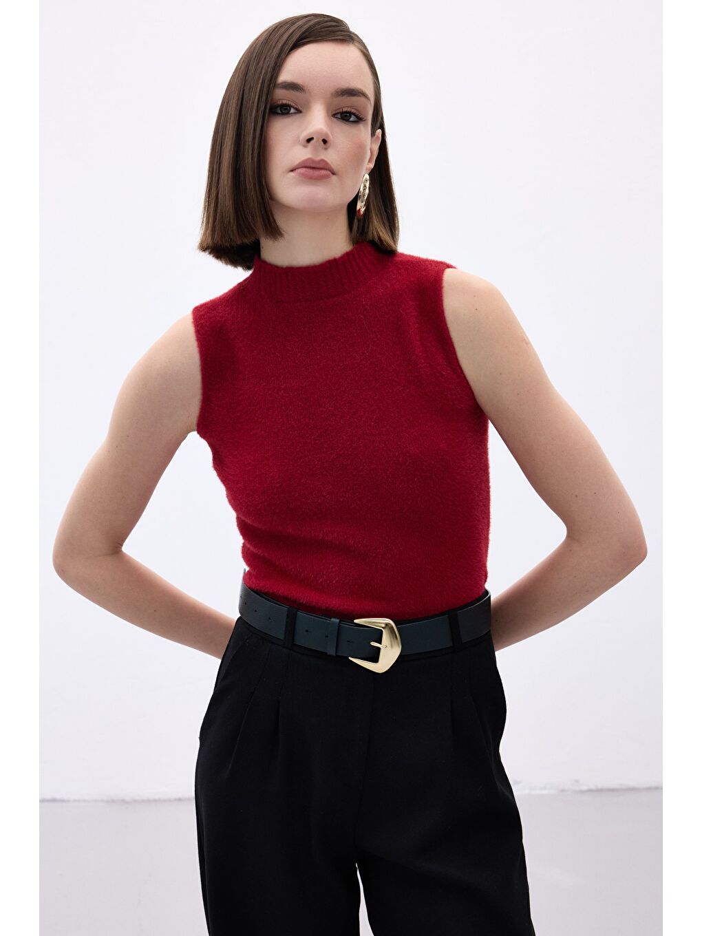 Sıfır Kol Sakallı Triko Bluz - Bordo-5