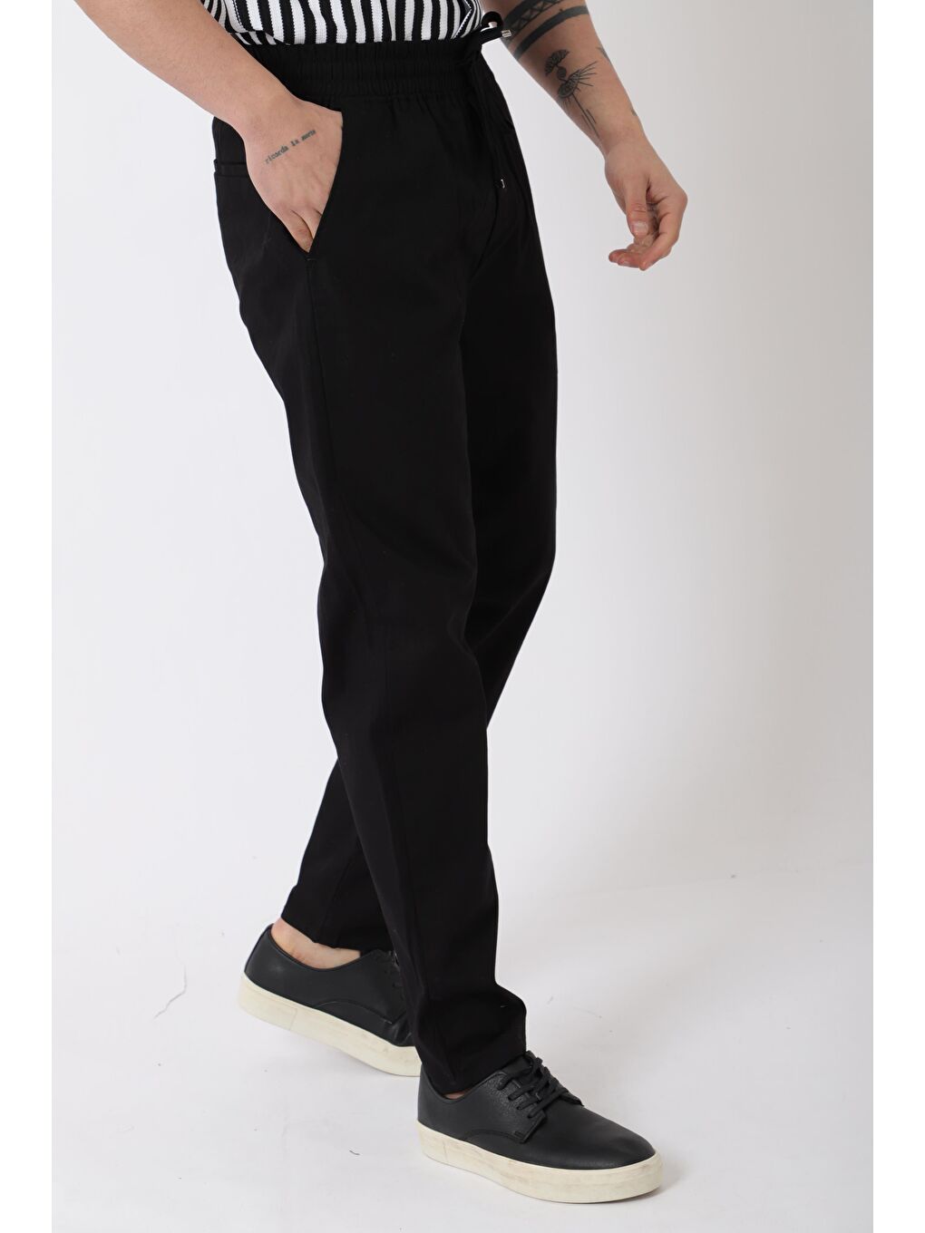 Siyah Bel Lastikli Keten Erkek Pantolon PLDP-01K_0385-1
