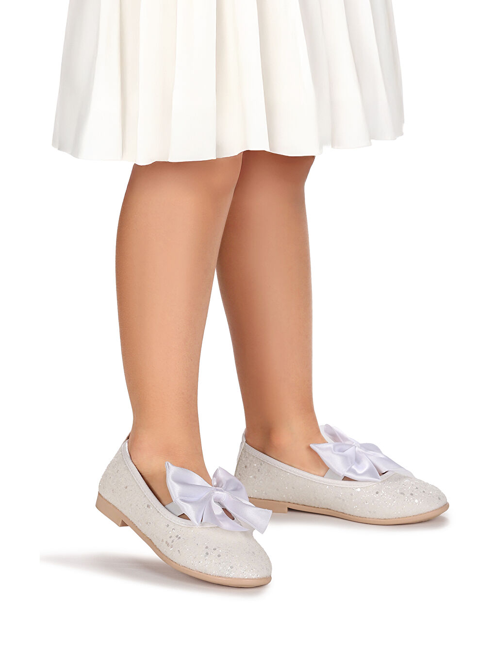 Beyaz Tari Cam Kırığı Fiyonk Lastikli Kız Çocuk Babet Ayakkabı-2