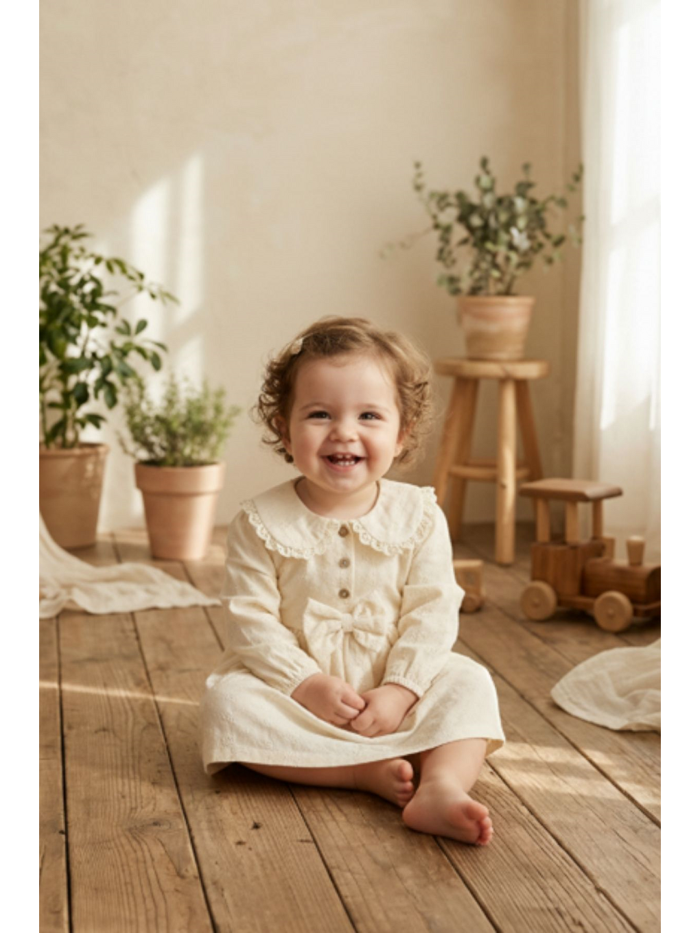 Pembe Pudra Çiçekli Pamuklu Fiyonk Detaylı Elbise-3