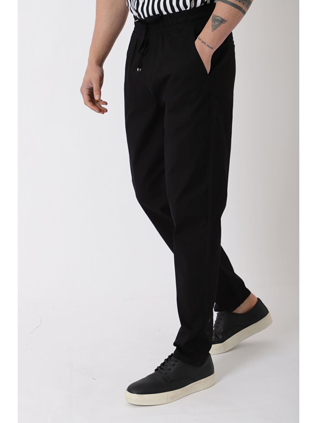 Siyah Bel Lastikli Keten Erkek Pantolon PLDP-01K_0385-4