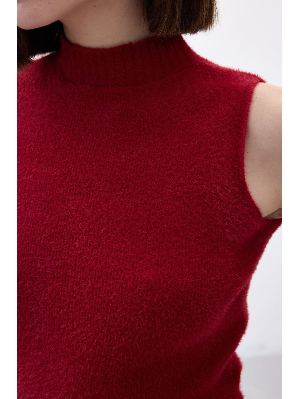 Sıfır Kol Sakallı Triko Bluz - Bordo-6