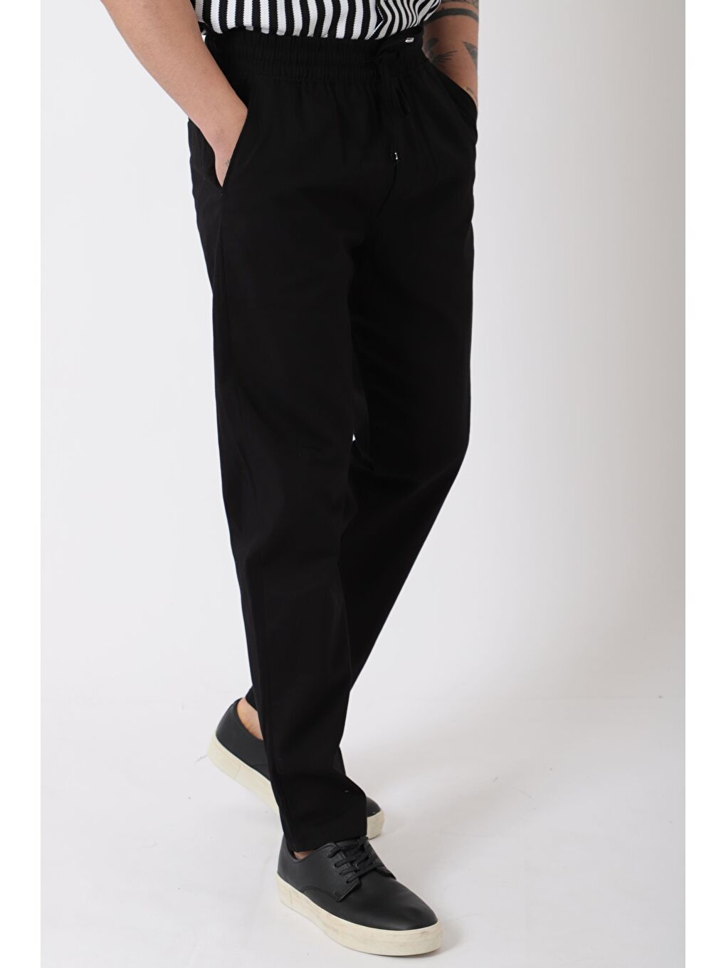 Siyah Bel Lastikli Keten Erkek Pantolon PLDP-01K_0385-5