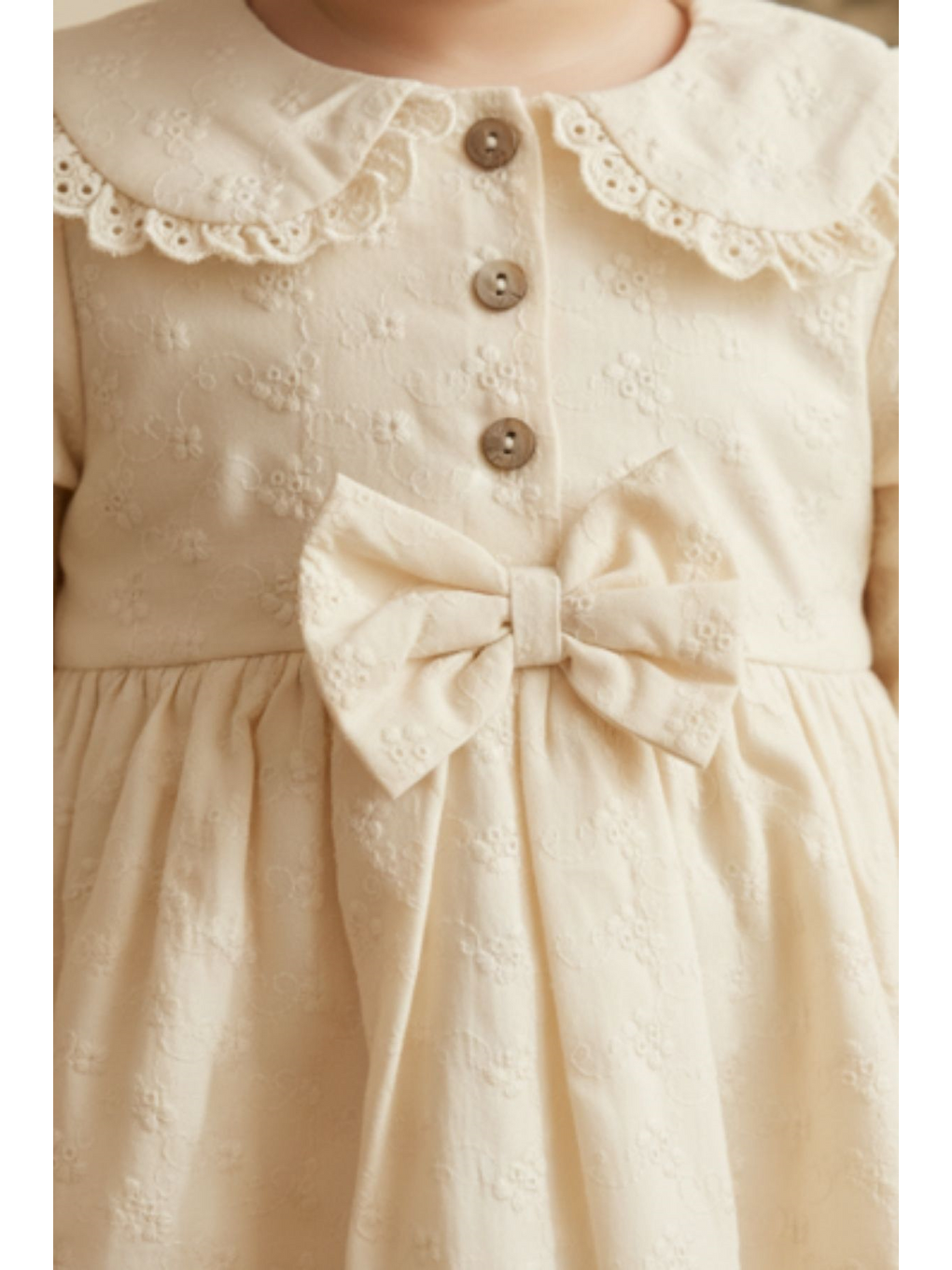 Pembe Pudra Çiçekli Pamuklu Fiyonk Detaylı Elbise-4