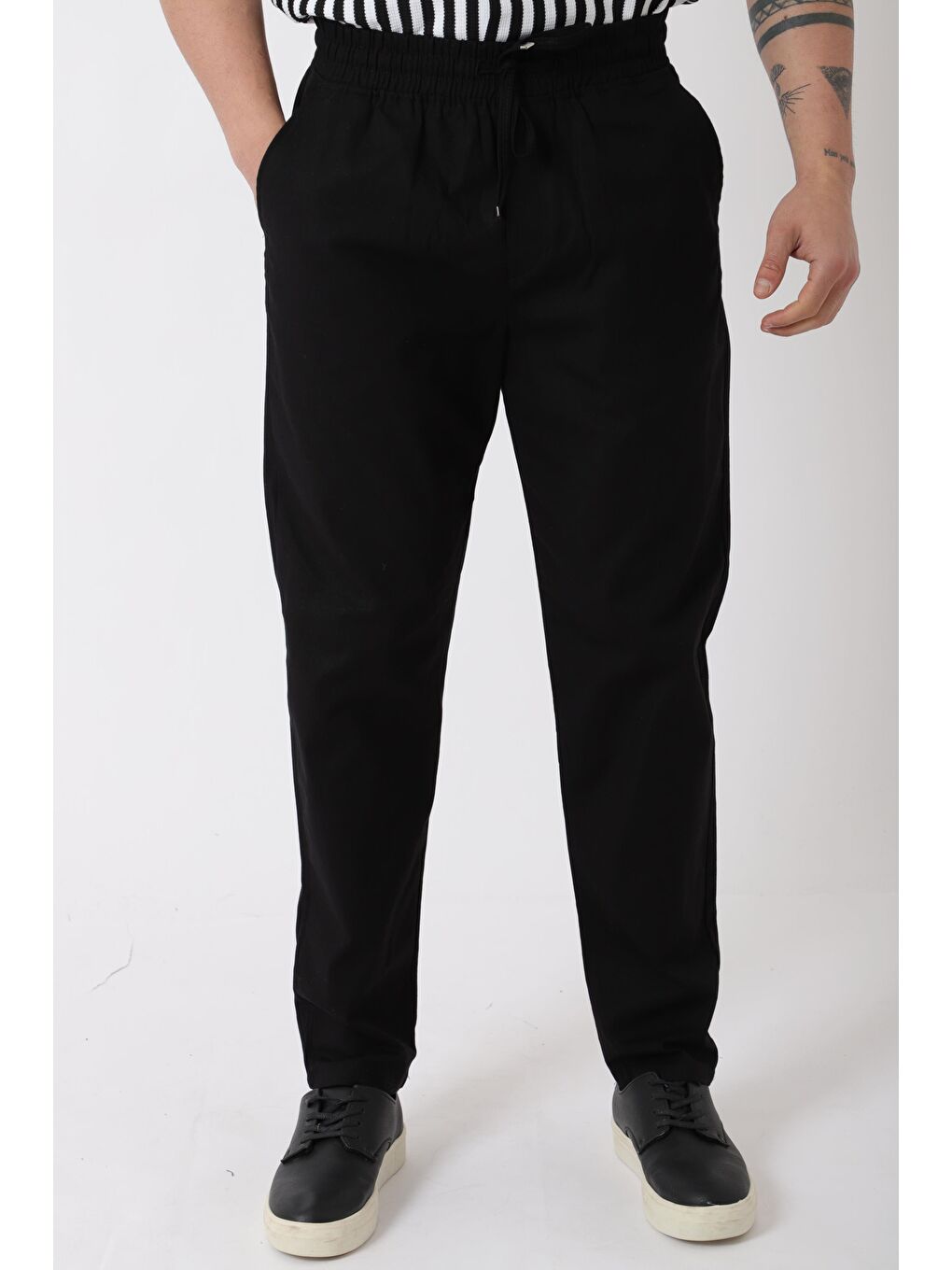 Siyah Bel Lastikli Keten Erkek Pantolon PLDP-01K_0385-6