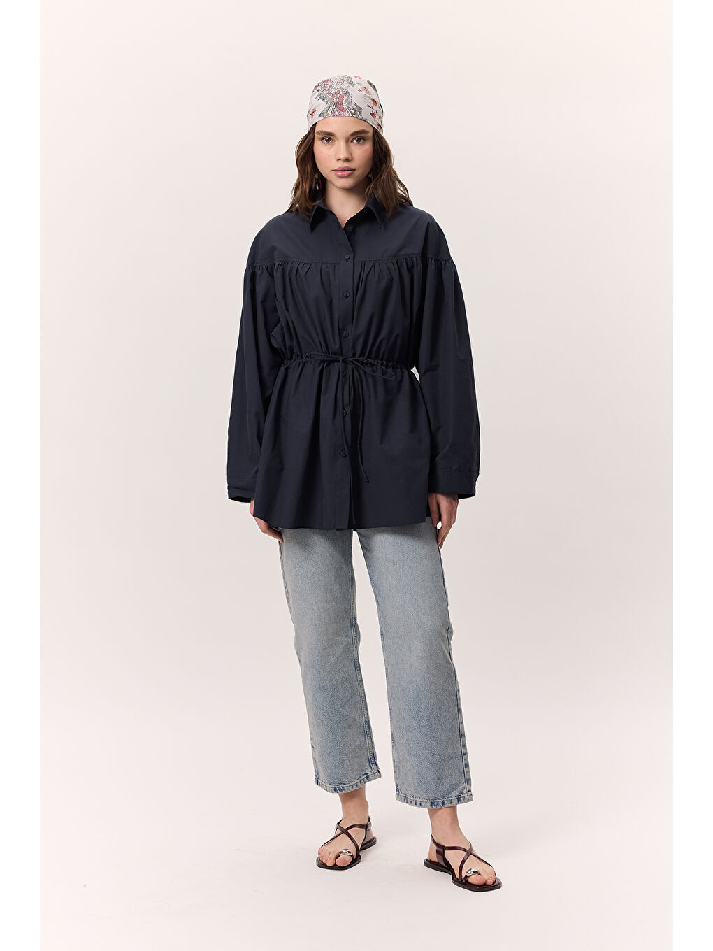 Büzgü Bağlama Detaylı Tunik Lacivert