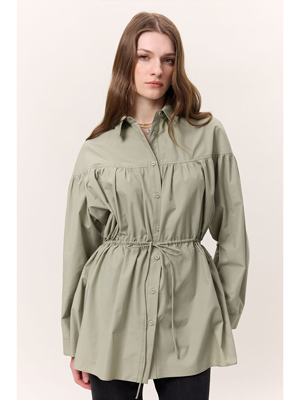 Büzgü Bağlama Detaylı Tunik Yeşil-1