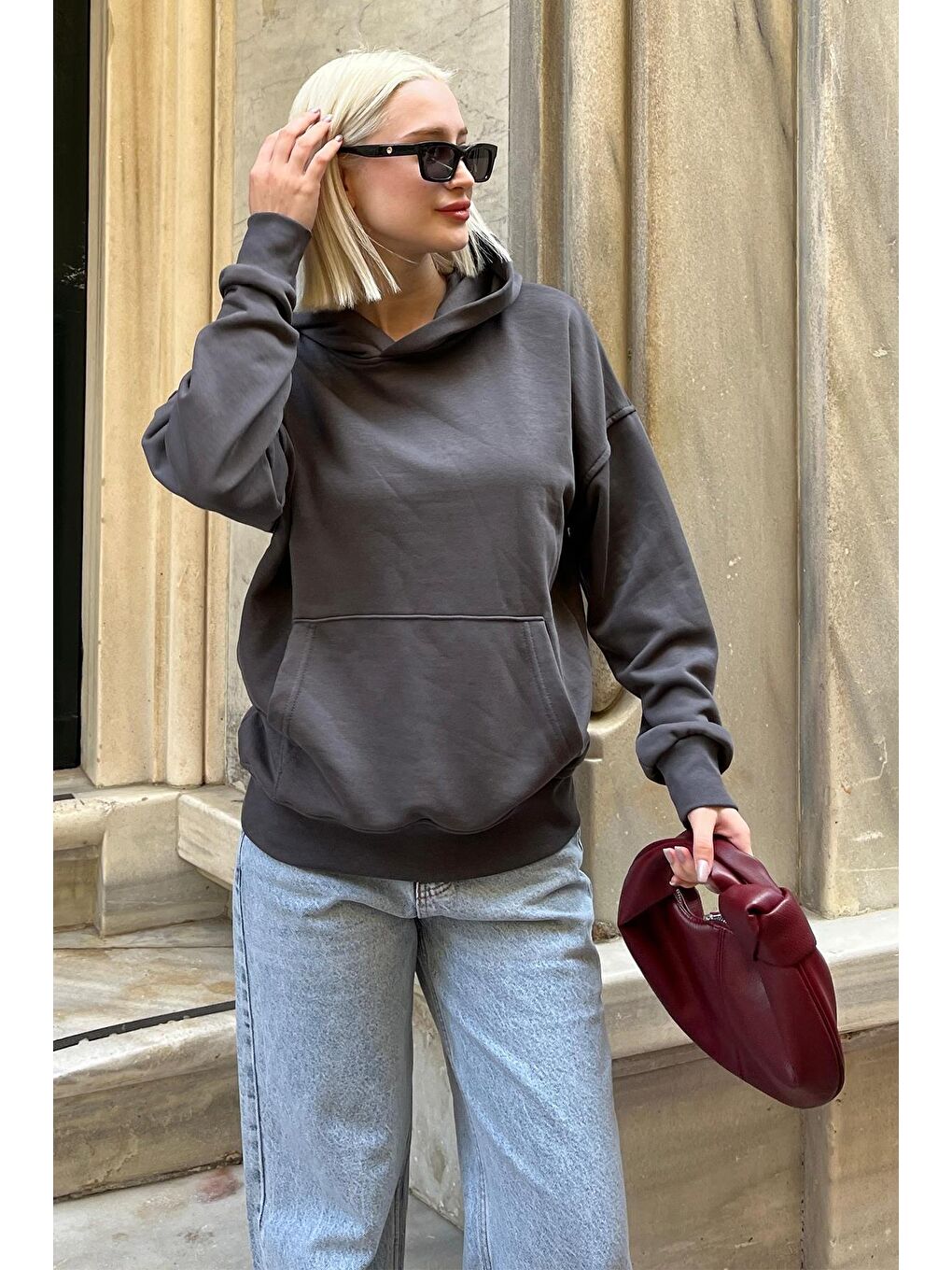 Madmext Füme Kapüşonlu Oversize Cepli Sweatshirt MG2207