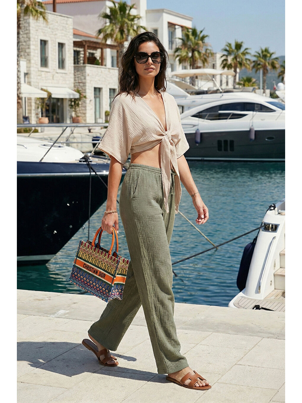 Haki Pamuklu Relaxed Fit Geniş Paça Müslim Kadın Pantolon 668YP5502