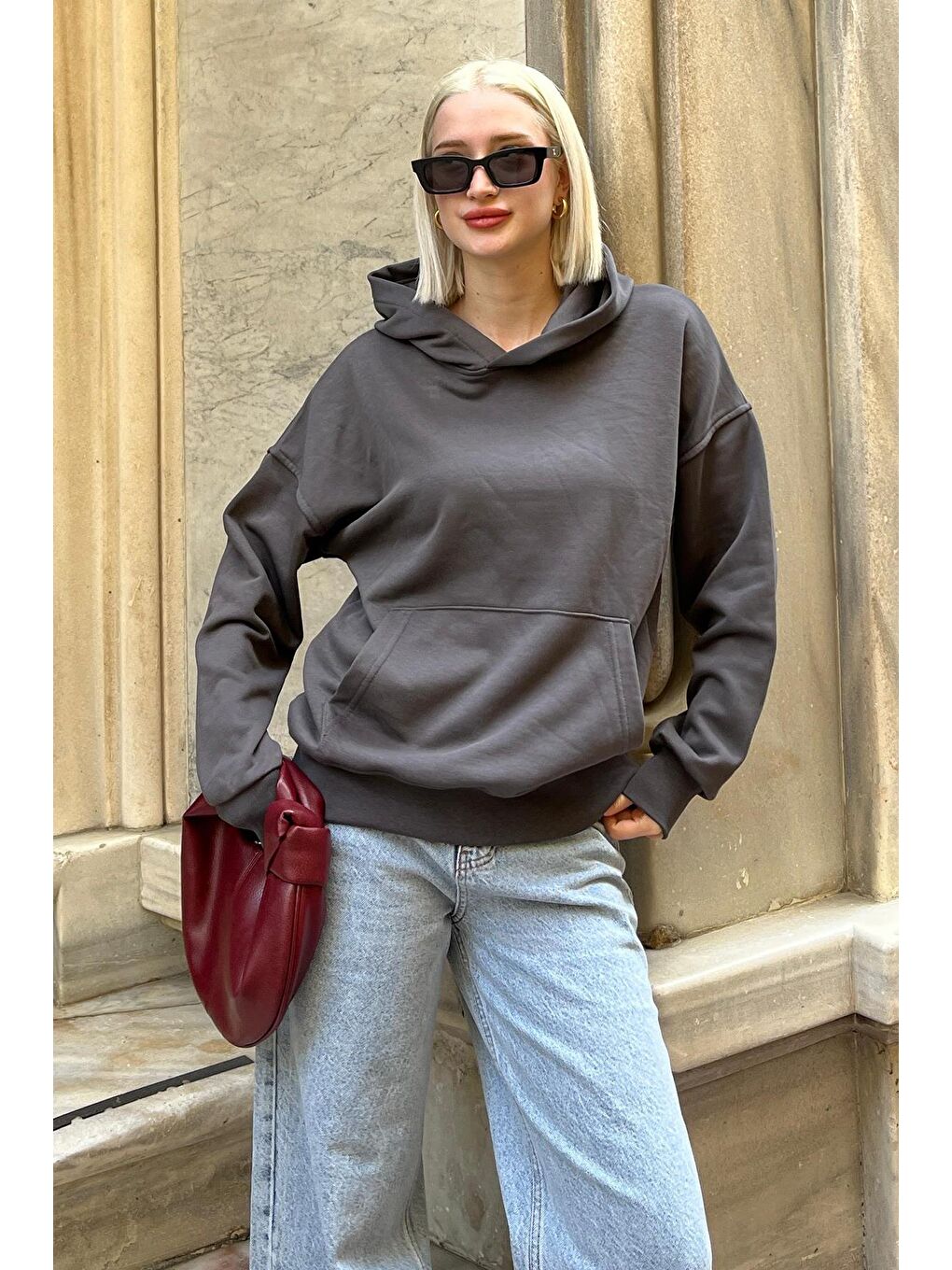 Madmext Füme Kapüşonlu Oversize Cepli Sweatshirt MG2207 - 2