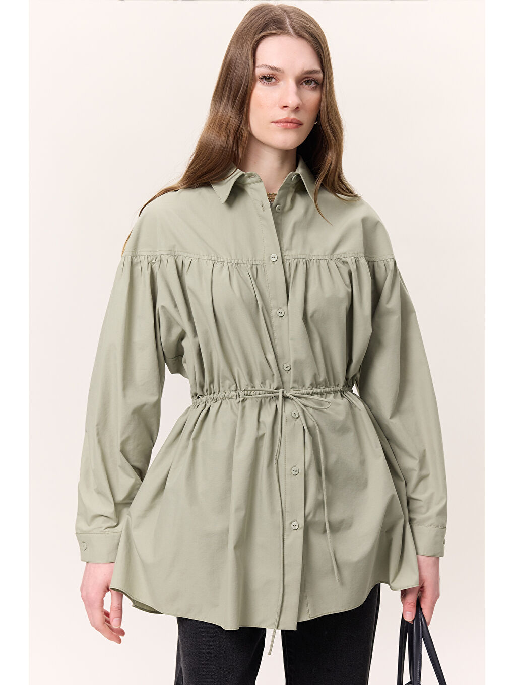 Büzgü Bağlama Detaylı Tunik Yeşil-4