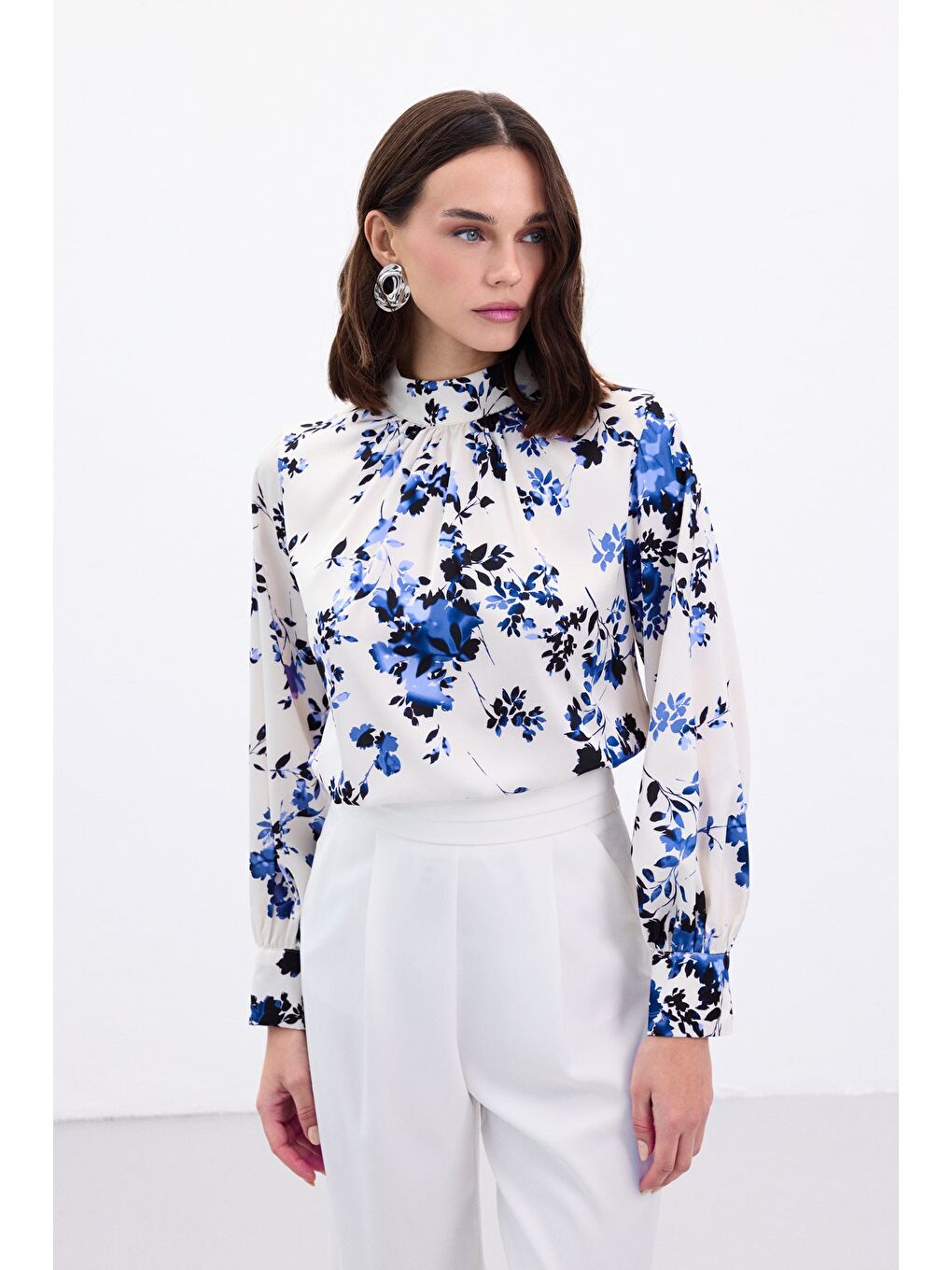 Dik Yaka Bluz - Mavi-1