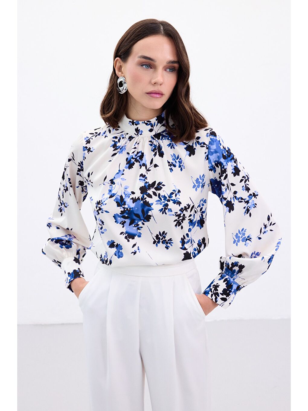 Dik Yaka Bluz - Mavi-2