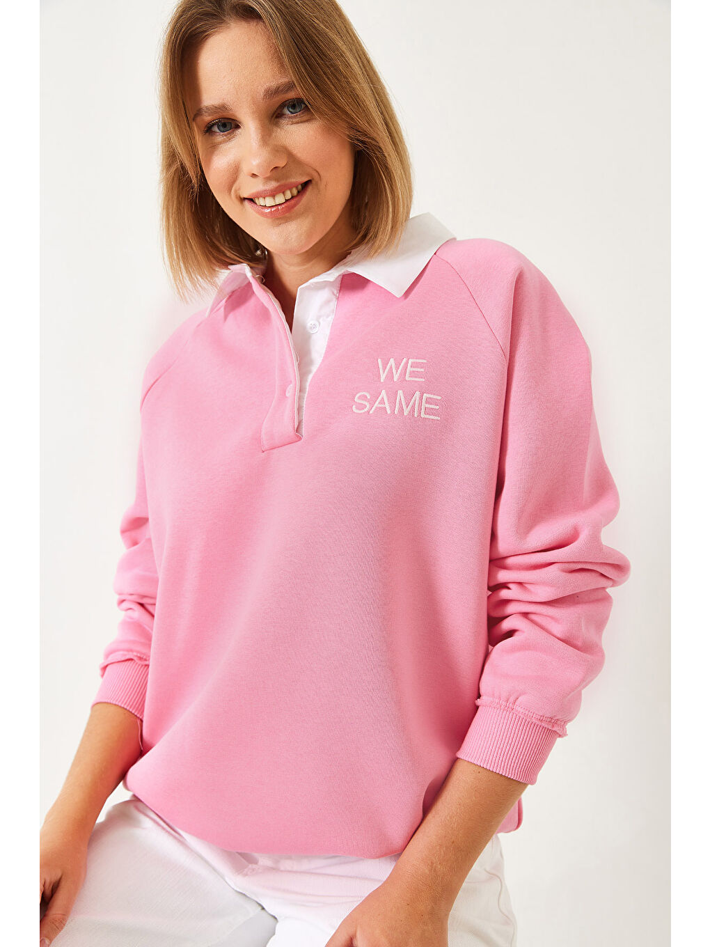 Pembe Kadın Polo Yaka Üç İplik Şardonlu Sweatshirt-1