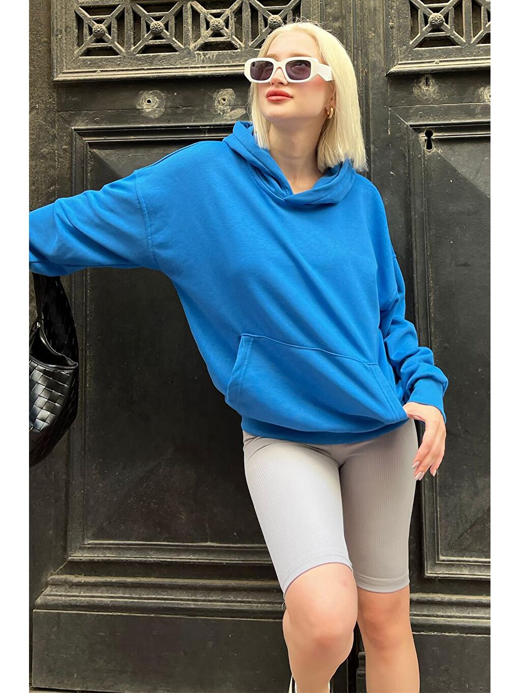 Madmext Saks Kapüşonlu Oversize Cepli Sweatshirt MG2207 - 1