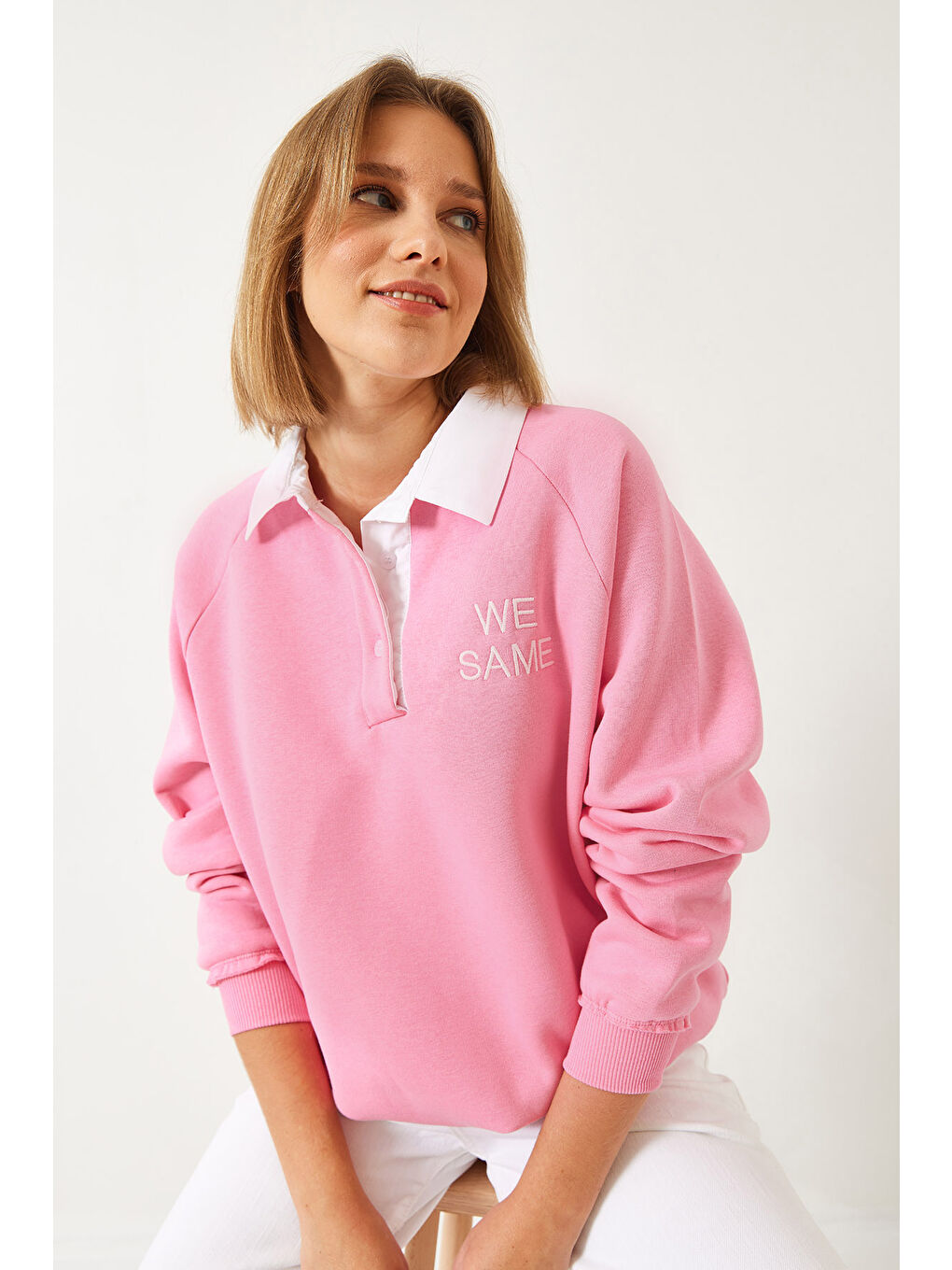 Pembe Kadın Polo Yaka Üç İplik Şardonlu Sweatshirt-2
