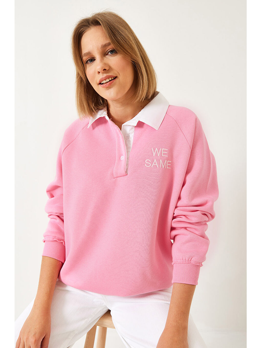 Pembe Kadın Polo Yaka Üç İplik Şardonlu Sweatshirt-3