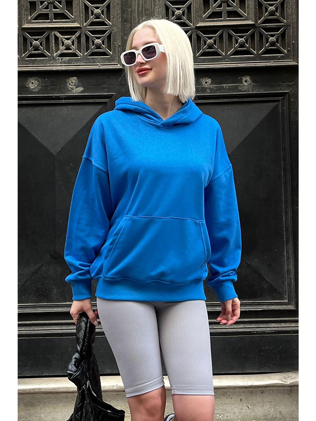 Madmext Saks Kapüşonlu Oversize Cepli Sweatshirt MG2207 - 2