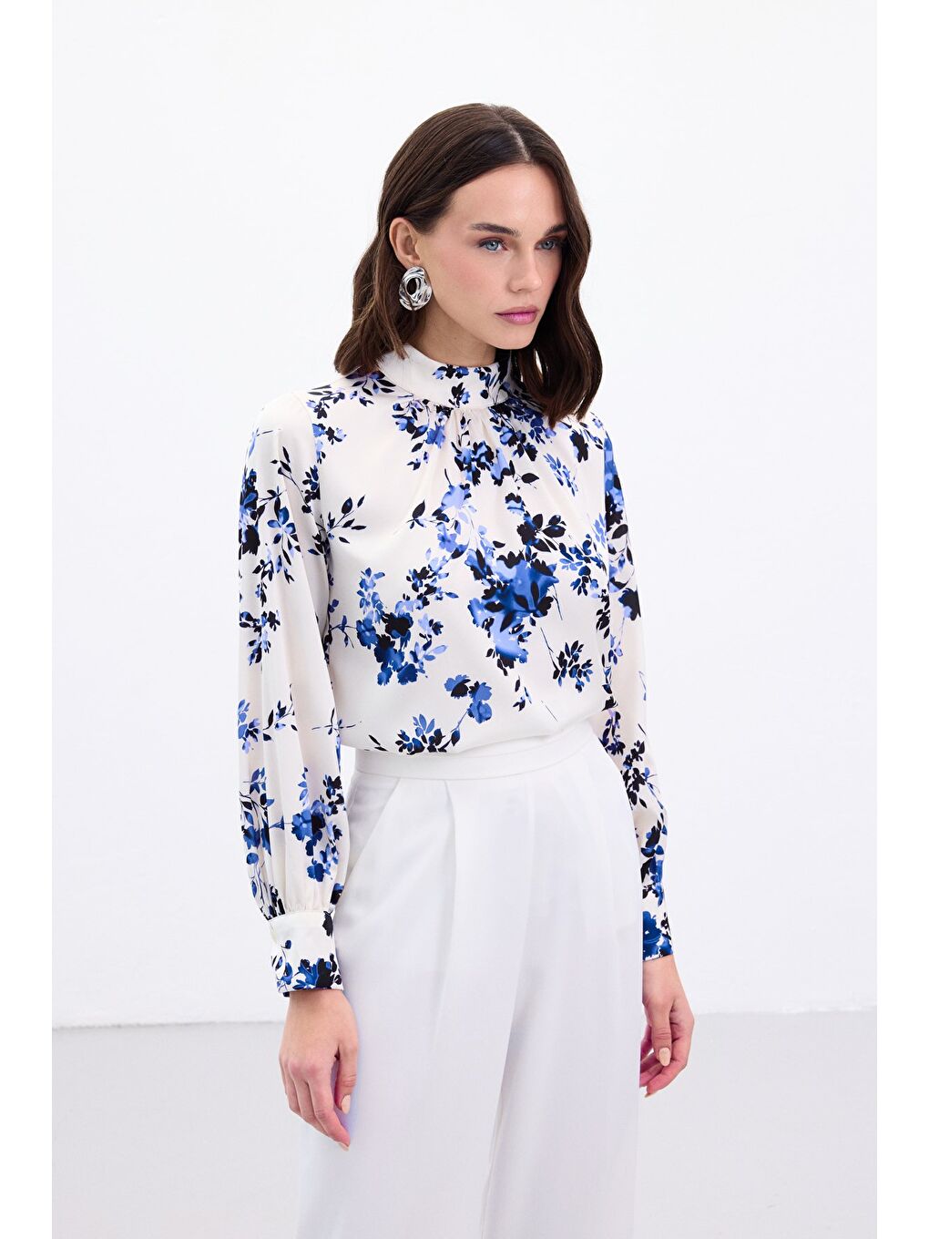 Dik Yaka Bluz - Mavi-3