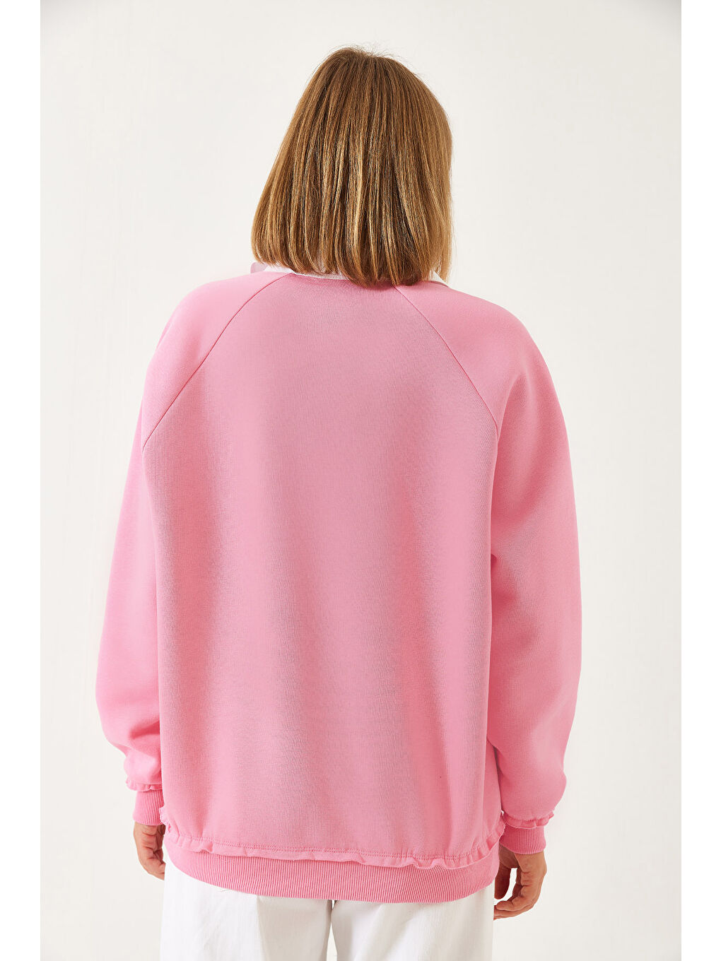 Pembe Kadın Polo Yaka Üç İplik Şardonlu Sweatshirt-4