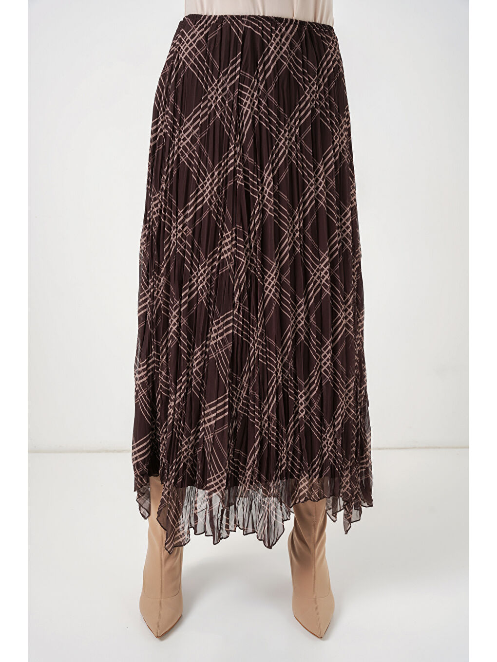 Kadın Asimetrik Kesim Şifon Etek 8056 - Kahverengi-1